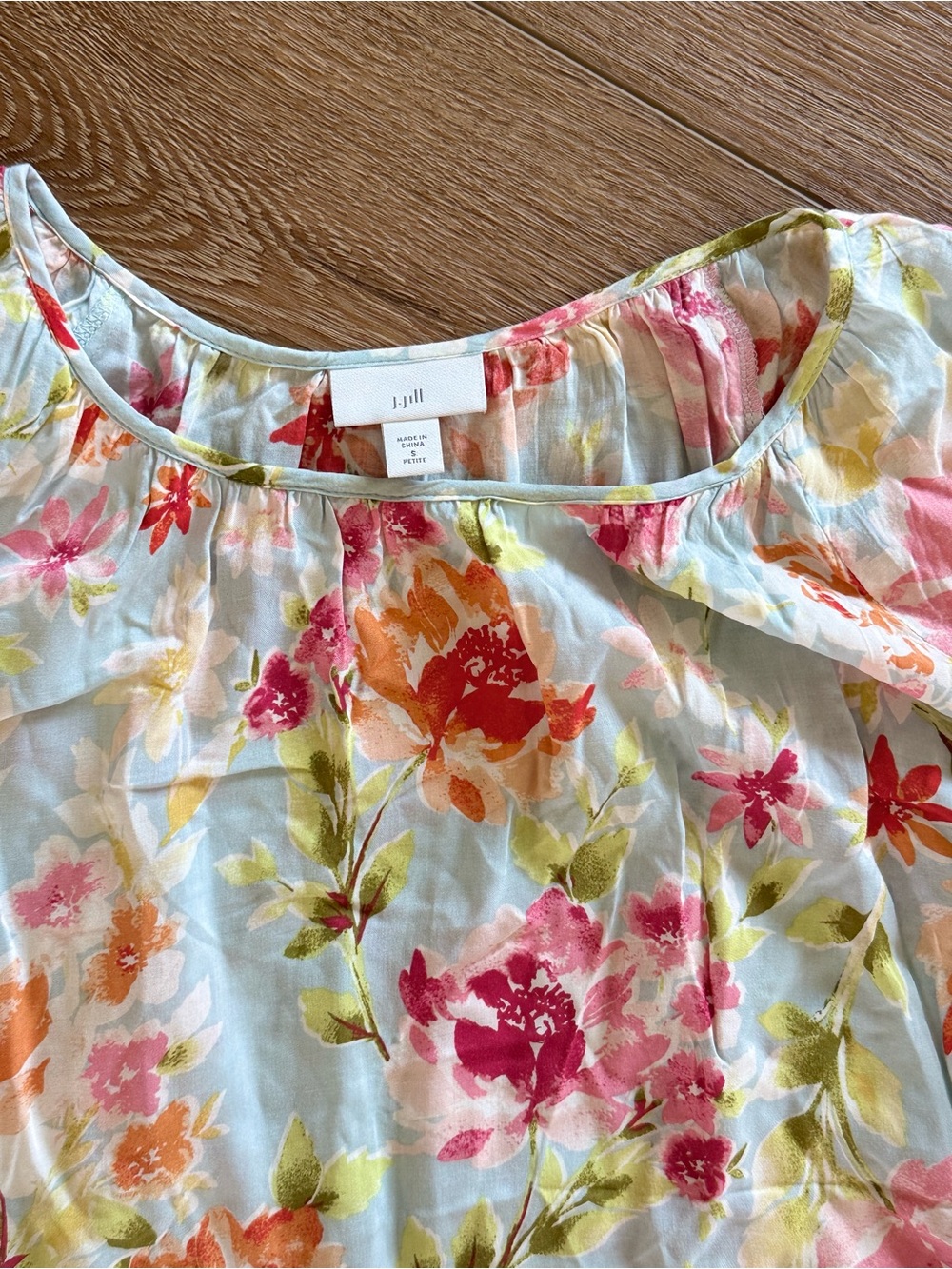 J. Jill Light Blue Floral Off-Shoulder Blouse with Pink and Orange Blooms